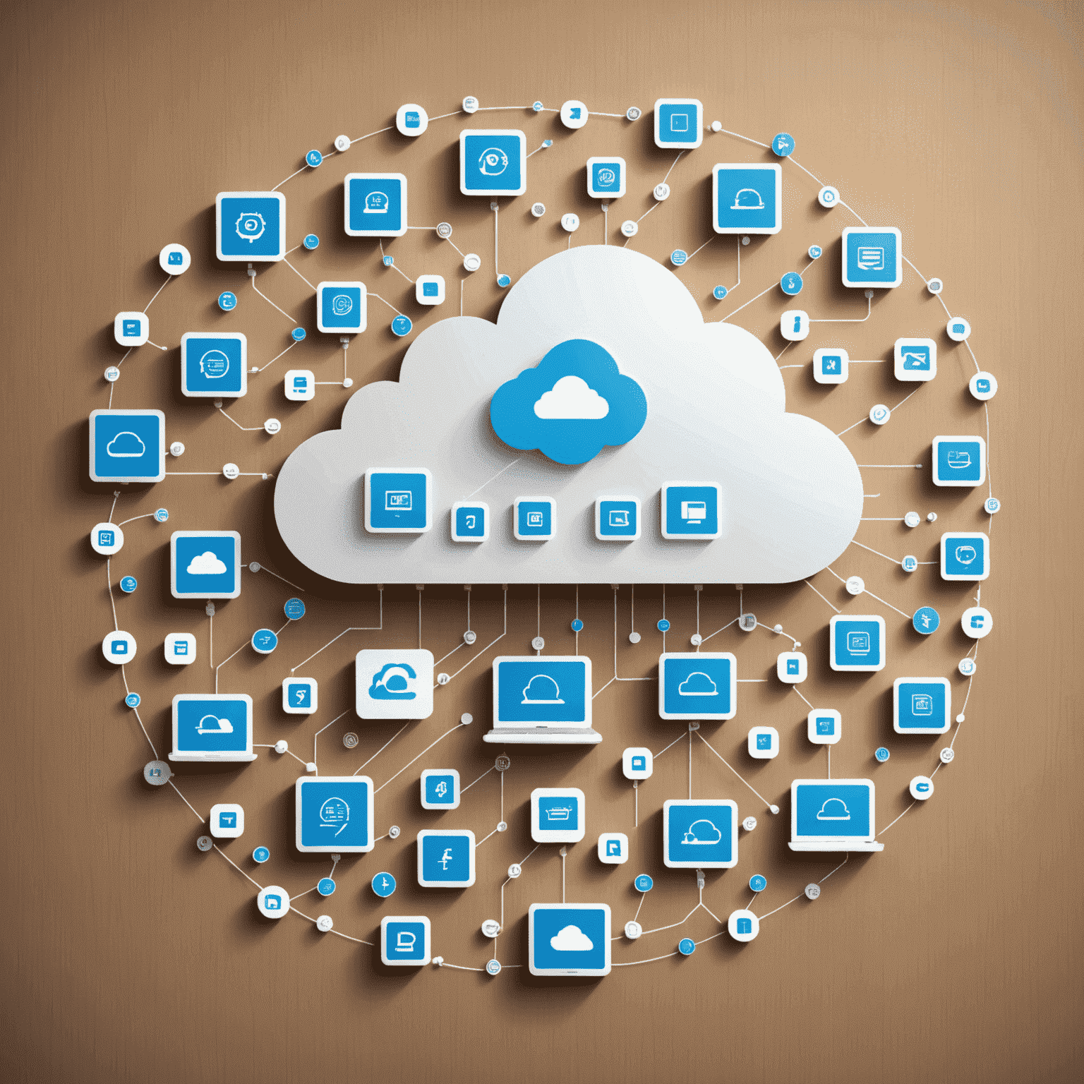 Wizualizacja chmury obliczeniowej z ikonami reprezentującymi różne usługi i innowacje